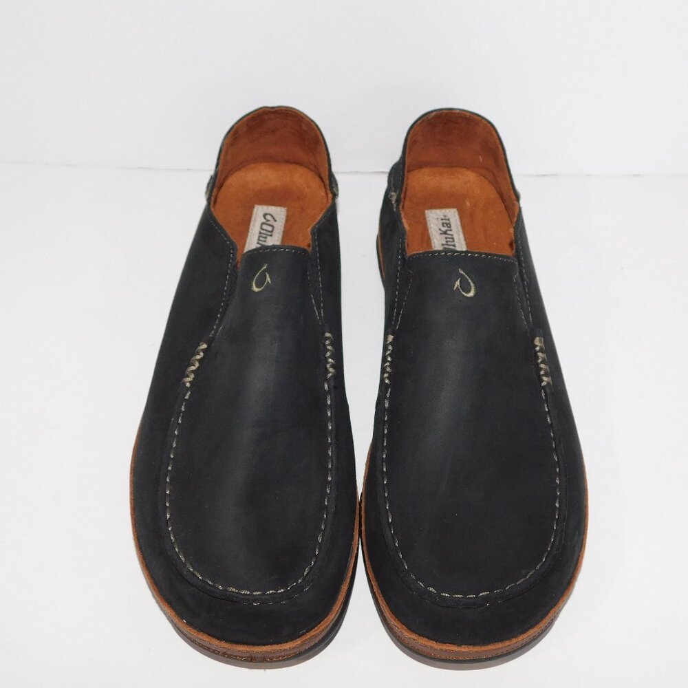 OluKai Moloa Mens 14 Black Toffee / Brown Slip on Leather Loafters Shoes